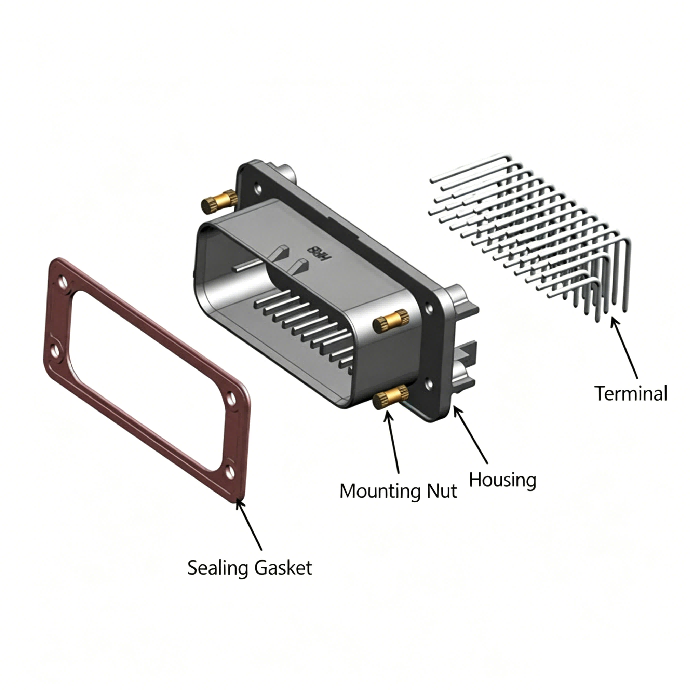 Exploded view of HRB M4021R series right angle PCB board waterproof connector Exploded view of HRB M4021R series right angle PCB board waterproof connector