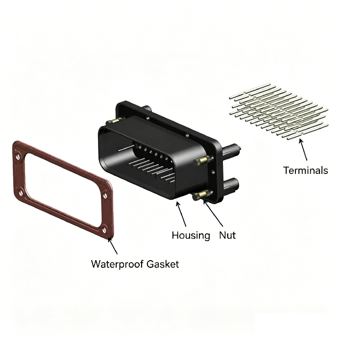 Exploded view of HRB M4021 series vertical PCB board waterproof connector Exploded view of HRB M4021 series vertical PCB board waterproof connector