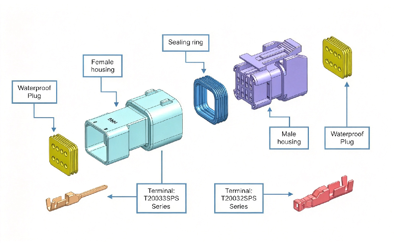 Exploded view of HRB 2.0mm cost-effective type wire‑to‑wire waterproof connector, male & female housing, silicone seals and crimp terminals Exploded view of HRB 2.0mm cost-effective type wire‑to‑wire waterproof connector, male & female housing, silicone seals and crimp terminals