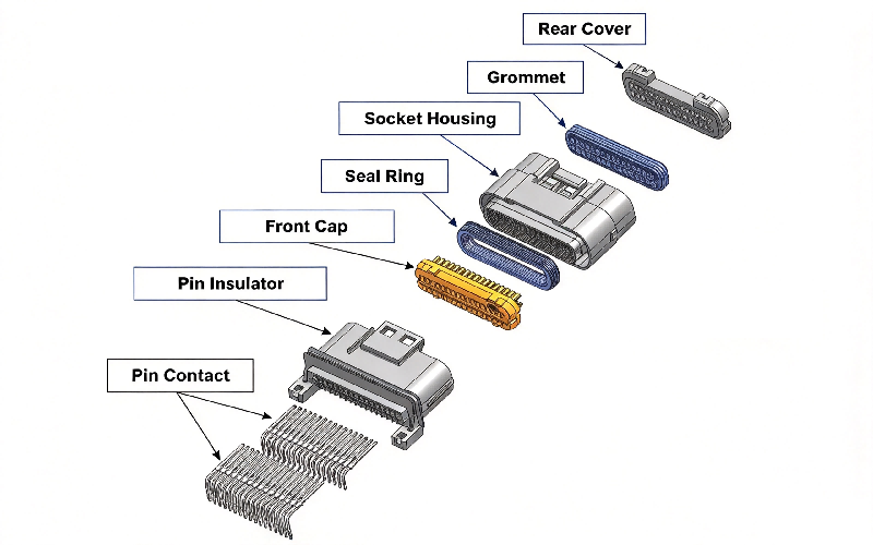 Exploded view of HRB waterproof wire-to-wire connector showing pin contacts, pin insulator, front cap, seal ring, socket housing, grommet and rear cover