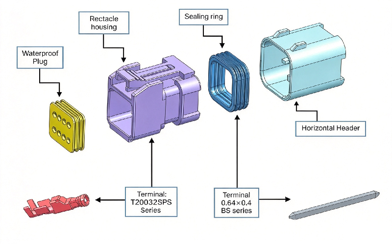 Exploded view of HRB 2.0mm cost-effective type dual‑row wire‑to‑board waterproof connector, housing, silicone seals, pcb header and crimp terminals