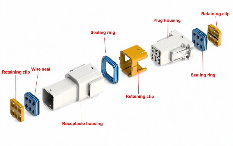 Exploded view of HRB 3.0mm panel mount waterproof connector with seal, clip and terminals Exploded view of HRB 3.0mm panel mount waterproof connector with seal, clip and terminals