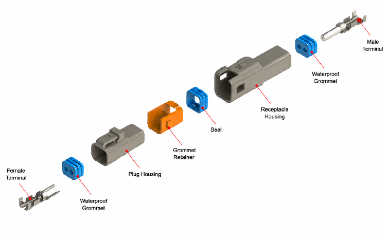 Exploded view of HRB 2.0mm dual‑row wire‑to‑wire waterproof connector, housing, silicone seals and crimp terminals