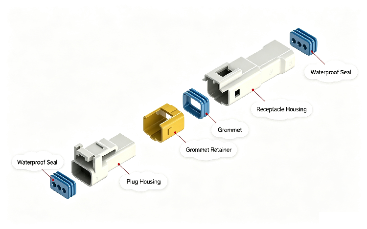 Exploded view of HRB 2.0mm dual‑row wire‑to‑wire waterproof connector, housing, silicone seals and crimp terminals