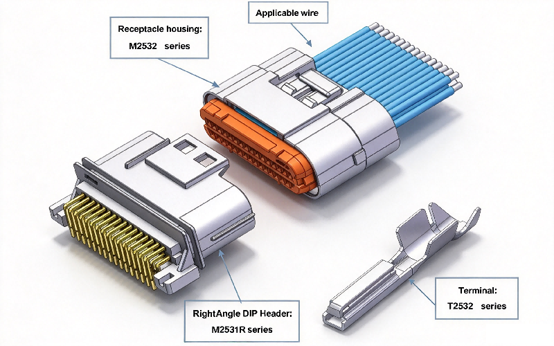 2.5mm Pitch Wire To Board Waterproof Connectors Part Name and Part Number, HRB M2532 series connector exploded view