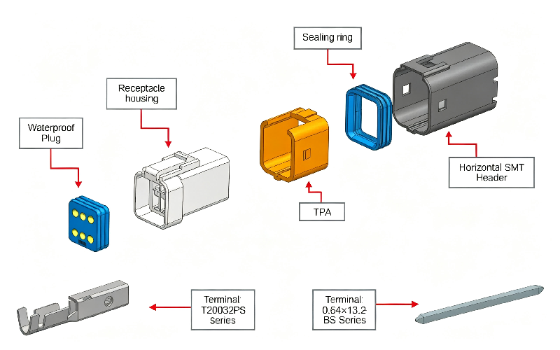 Exploded view of HRB 2.0mm dual‑row wire‑to‑board waterproof connector, housing, silicone seals, pcb header and crimp terminals