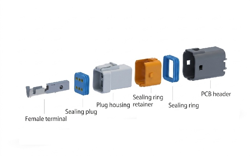 Exploded view of HRB 2.0mm wire-to-board waterproof connector, housing, silicone seals and crimp terminals